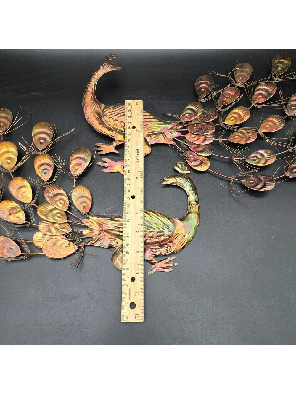 Vintage MCM Metal Peacock Wall Art Pair Flame Cut Finish 1970s